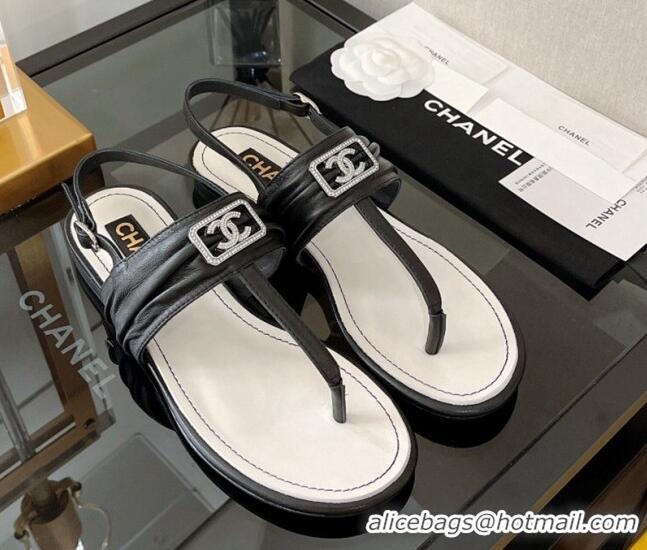 Good Quality Chanel Lambskin Crystal CC Flat Thong Sandal Black 525129