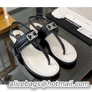 Best Grade Chanel Fabric Crystal CC Flat Thong Sandal Black 525130