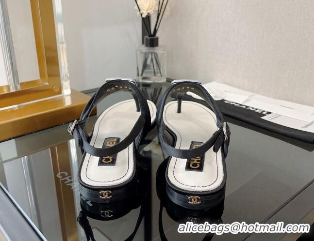 Best Grade Chanel Fabric Crystal CC Flat Thong Sandal Black 525130