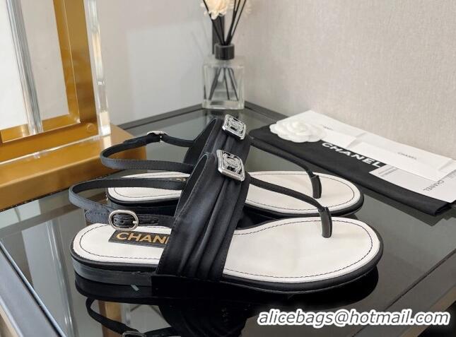 Best Grade Chanel Fabric Crystal CC Flat Thong Sandal Black 525130