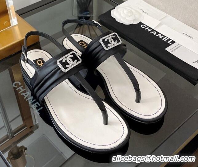 Best Grade Chanel Fabric Crystal CC Flat Thong Sandal Black 525130