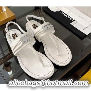 Classic Hot Chanel Lambskin Crystal CC Flat Thong Sandal White 525131