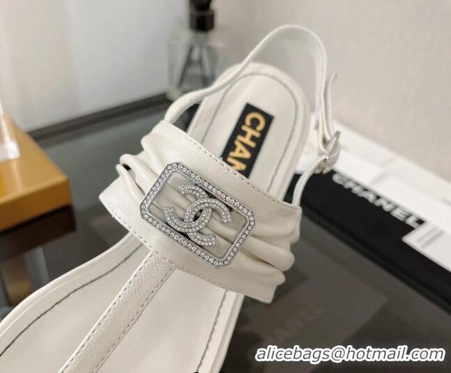 Classic Hot Chanel Lambskin Crystal CC Flat Thong Sandal White 525131