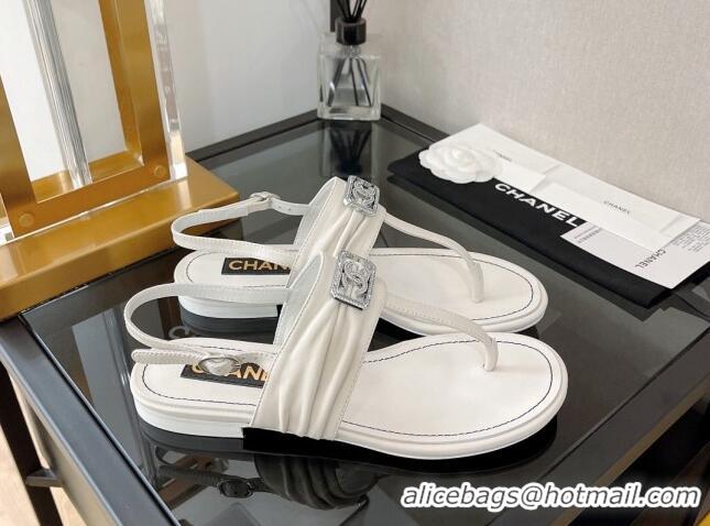 Classic Hot Chanel Lambskin Crystal CC Flat Thong Sandal White 525131