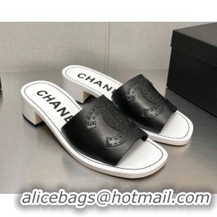 Hot Style Chanel CC Leather Mid-Heel Slide Sandals 4.5cm Black 052601