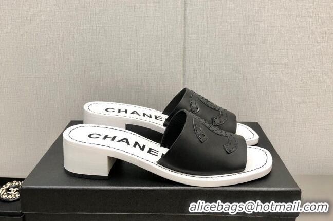 Hot Style Chanel CC Leather Mid-Heel Slide Sandals 4.5cm Black 052601