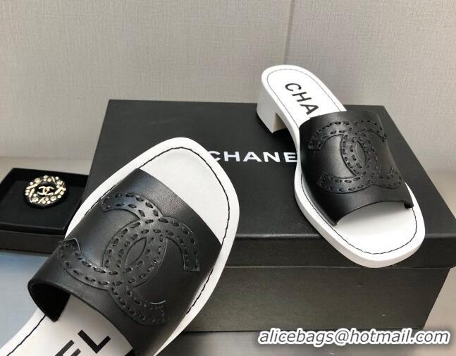 Hot Style Chanel CC Leather Mid-Heel Slide Sandals 4.5cm Black 052601