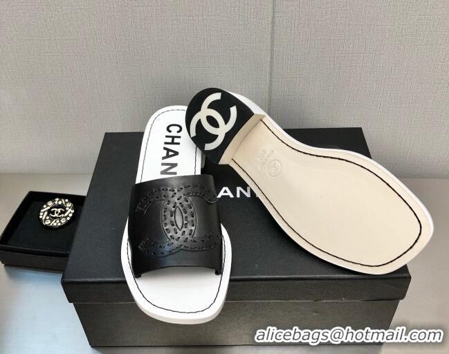 Hot Style Chanel CC Leather Mid-Heel Slide Sandals 4.5cm Black 052601