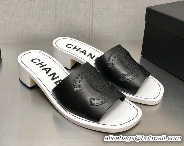 Hot Style Chanel CC Leather Mid-Heel Slide Sandals 4.5cm Black 052601