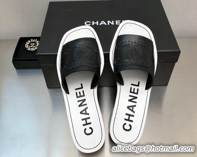 Hot Style Chanel CC Leather Mid-Heel Slide Sandals 4.5cm Black 052601