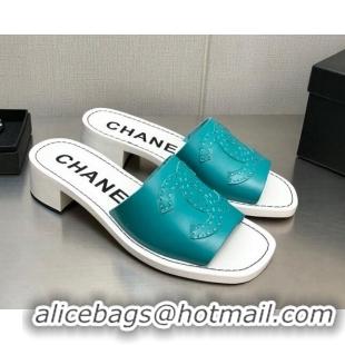 Stylish Chanel CC Leather Mid-Heel Slide Sandals 4.5cm Blue 2052602