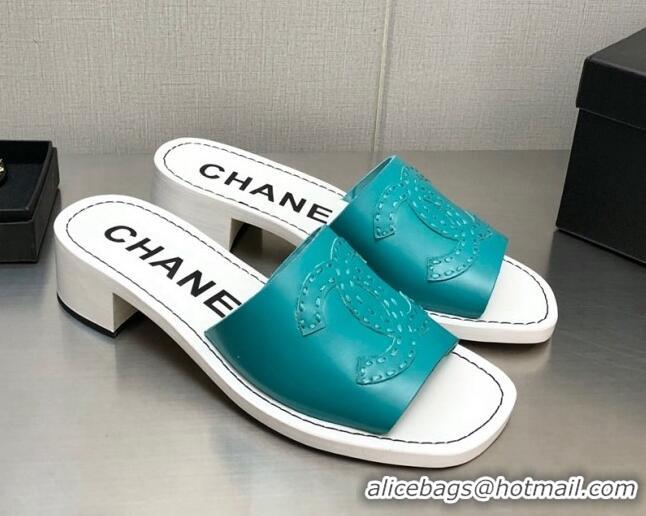 Stylish Chanel CC Leather Mid-Heel Slide Sandals 4.5cm Blue 2052602