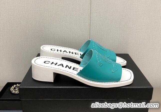 Stylish Chanel CC Leather Mid-Heel Slide Sandals 4.5cm Blue 2052602