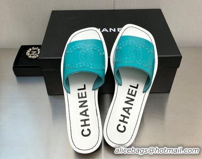 Stylish Chanel CC Leather Mid-Heel Slide Sandals 4.5cm Blue 2052602