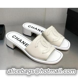 Durable Chanel CC Leather Mid-Heel Slide Sandals 4.5cm White 2052603