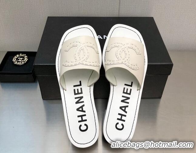 Durable Chanel CC Leather Mid-Heel Slide Sandals 4.5cm White 2052603