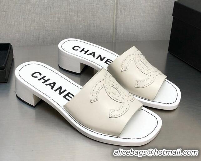 Durable Chanel CC Leather Mid-Heel Slide Sandals 4.5cm White 2052603