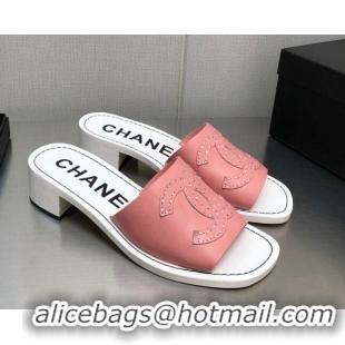 Duplicate Chanel CC Leather Mid-Heel Slide Sandals 4.5cm Pink 2052604