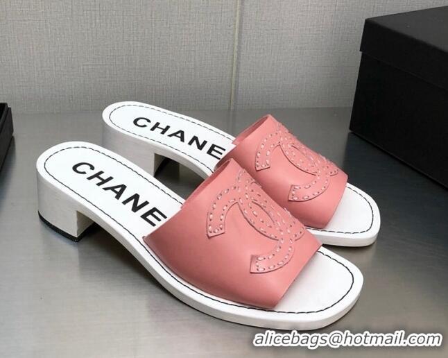 Duplicate Chanel CC Leather Mid-Heel Slide Sandals 4.5cm Pink 2052604