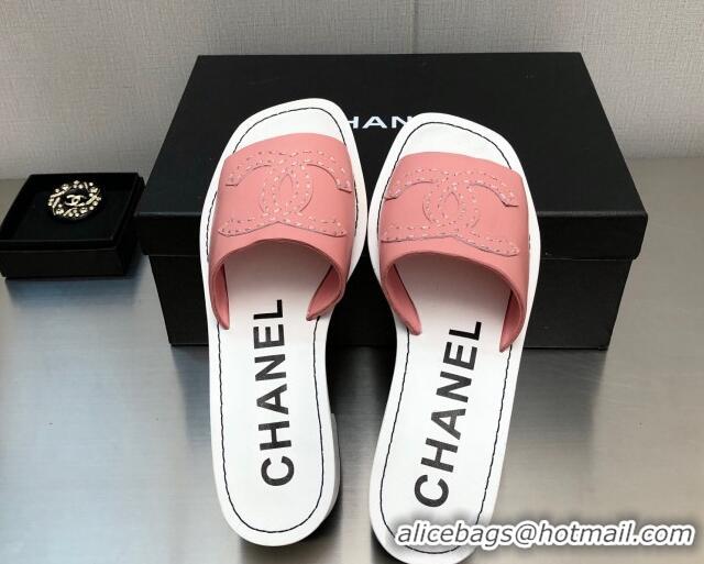 Duplicate Chanel CC Leather Mid-Heel Slide Sandals 4.5cm Pink 2052604