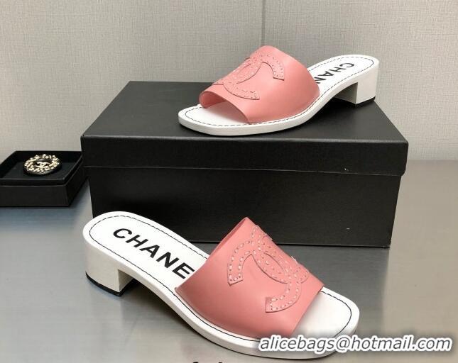 Duplicate Chanel CC Leather Mid-Heel Slide Sandals 4.5cm Pink 2052604