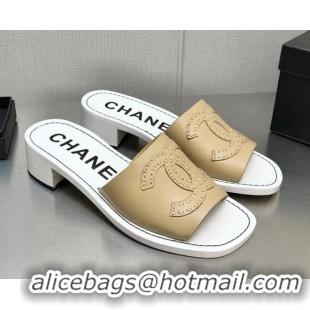 Fashion Chanel CC Leather Mid-Heel Slide Sandals 4.5cm Beige 2052605