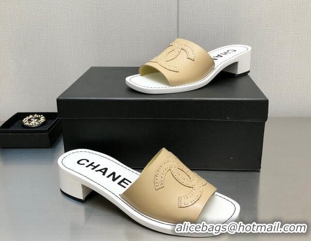 Fashion Chanel CC Leather Mid-Heel Slide Sandals 4.5cm Beige 2052605