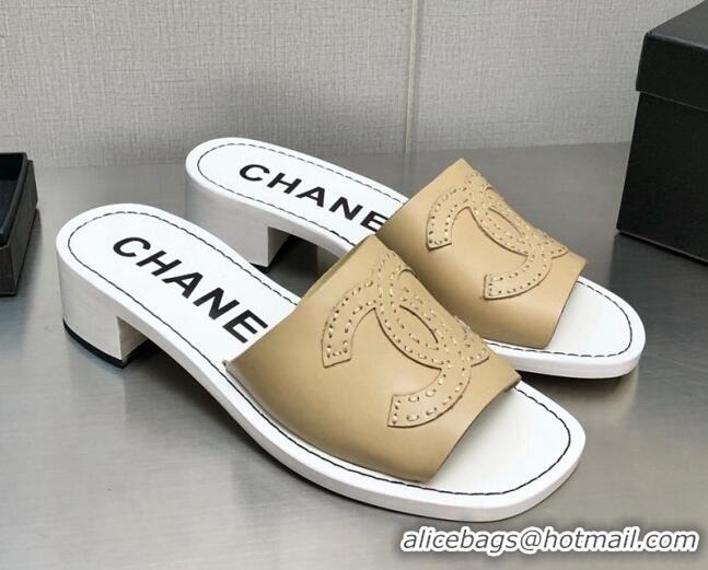 Fashion Chanel CC Leather Mid-Heel Slide Sandals 4.5cm Beige 2052605