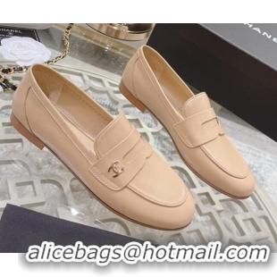 Stylish Chanel Calf Leather Flat Loafers Nude 060116