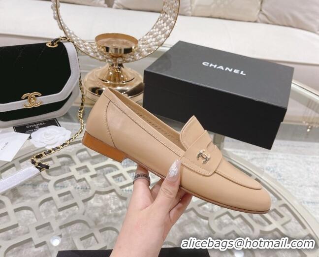 Stylish Chanel Calf Leather Flat Loafers Nude 060116