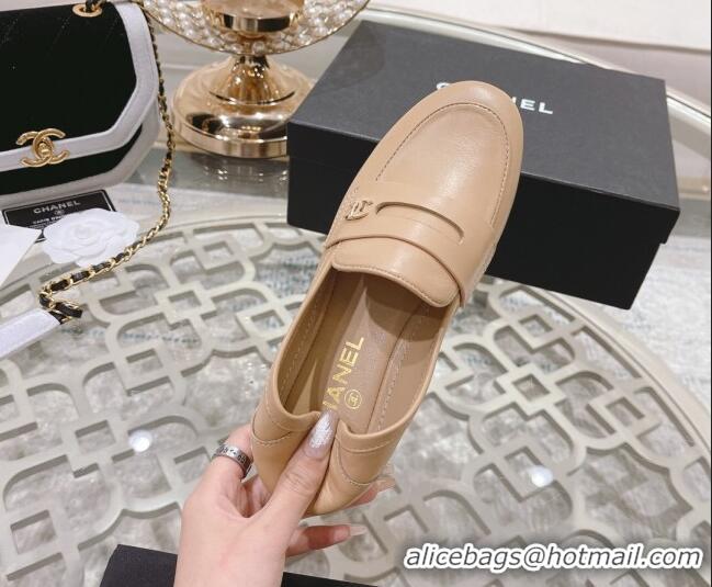 Stylish Chanel Calf Leather Flat Loafers Nude 060116