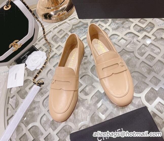 Stylish Chanel Calf Leather Flat Loafers Nude 060116