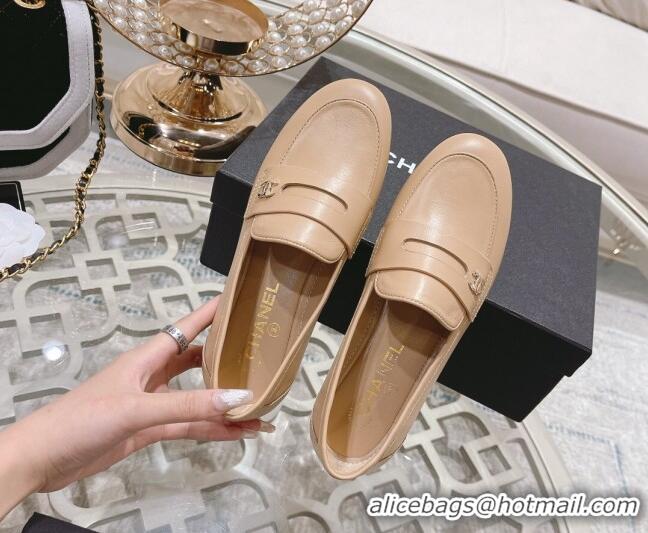 Stylish Chanel Calf Leather Flat Loafers Nude 060116