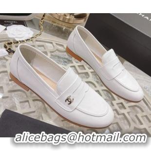 Good Looking Chanel Calf Leather Flat Loafers White 060117