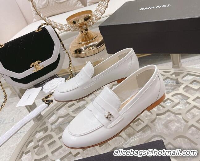 Good Looking Chanel Calf Leather Flat Loafers White 060117