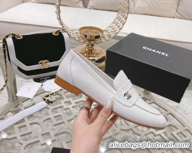 Good Looking Chanel Calf Leather Flat Loafers White 060117