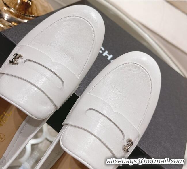 Good Looking Chanel Calf Leather Flat Loafers White 060117