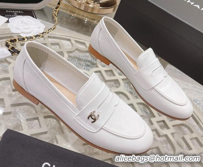 Good Looking Chanel Calf Leather Flat Loafers White 060117