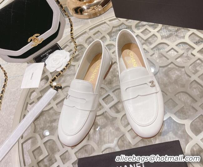 Good Looking Chanel Calf Leather Flat Loafers White 060117