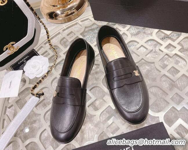 Grade Quality Chanel Calf Leather Flat Loafers Black 060118