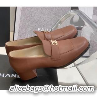 Stylish Chanel Leather Heel Loafers Brown 060119