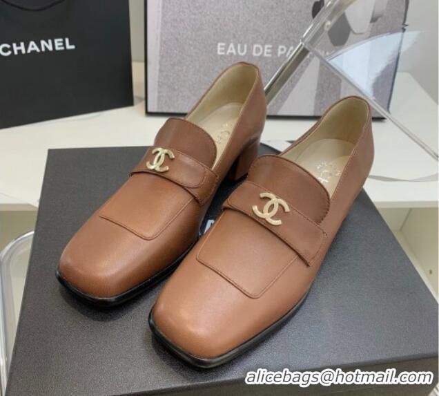 Stylish Chanel Leather Heel Loafers Brown 060119