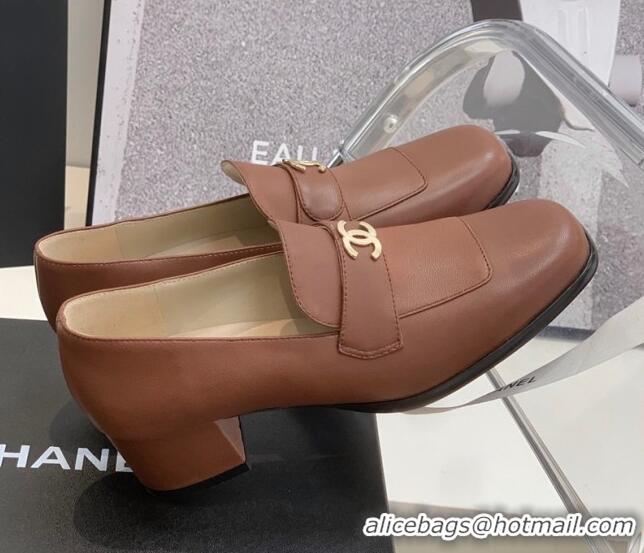 Stylish Chanel Leather Heel Loafers Brown 060119