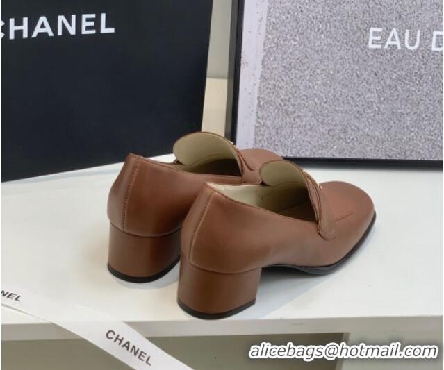 Stylish Chanel Leather Heel Loafers Brown 060119