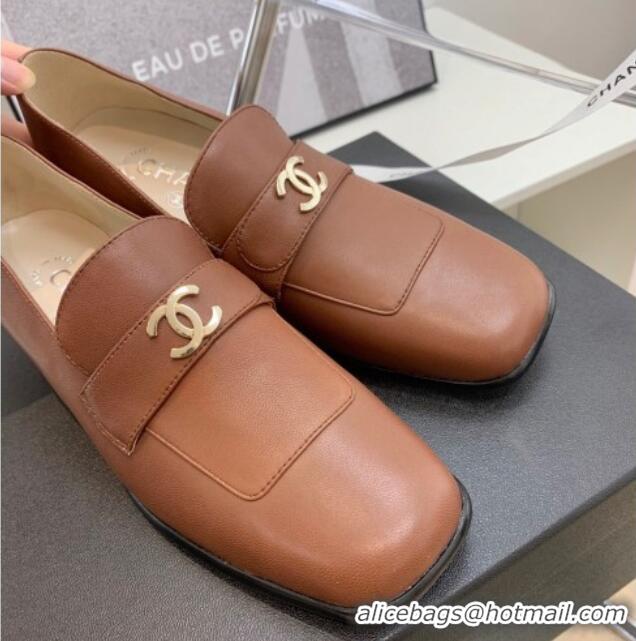 Stylish Chanel Leather Heel Loafers Brown 060119