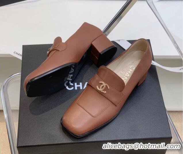 Stylish Chanel Leather Heel Loafers Brown 060119