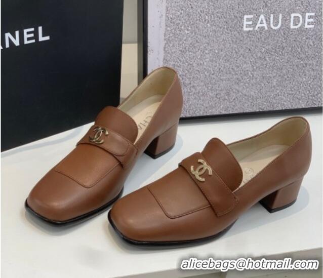 Stylish Chanel Leather Heel Loafers Brown 060119