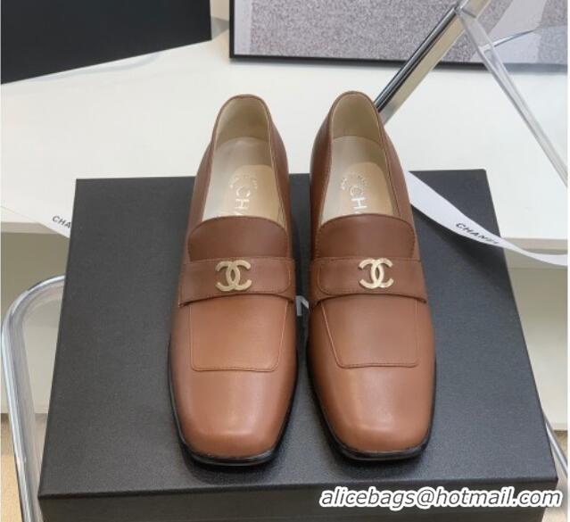 Stylish Chanel Leather Heel Loafers Brown 060119