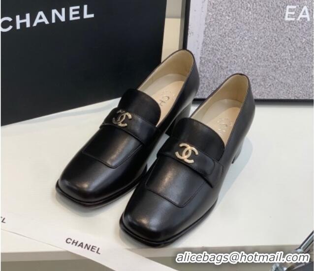 Sumptuous Chanel Leather Heel Loafers Black 060120