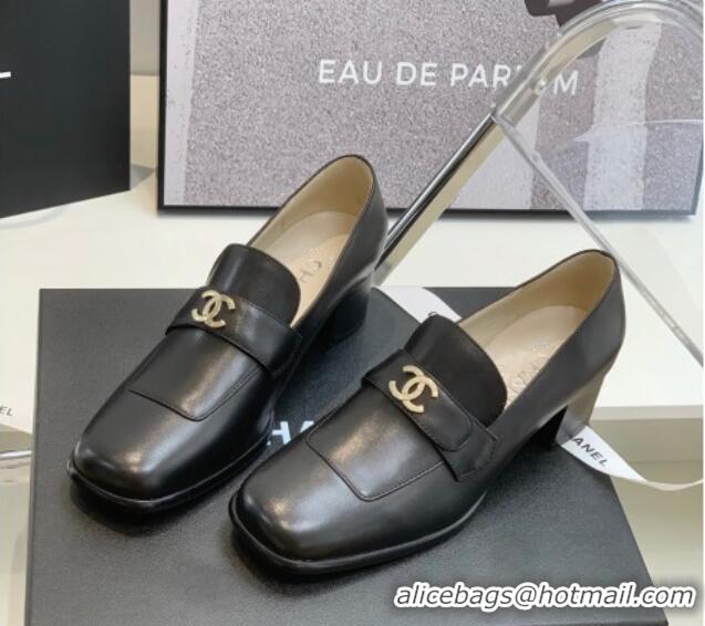 Sumptuous Chanel Leather Heel Loafers Black 060120